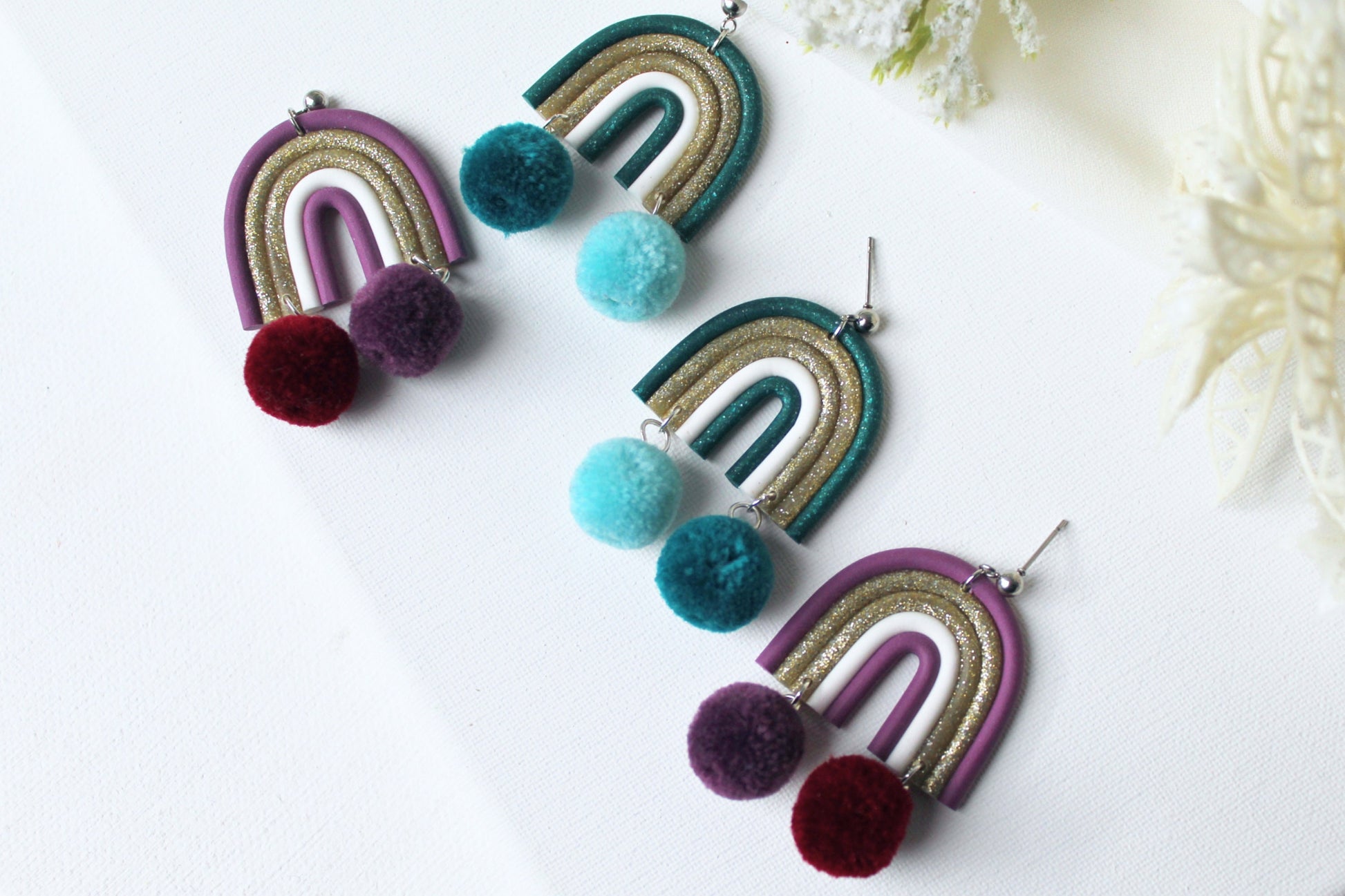 Rainbow Earrings, Christmas Earrings, Dangle Earrings, Pompon Earrings, Polymer Clay Earrings, Holiday Earrings, Handmade, Green, Purple