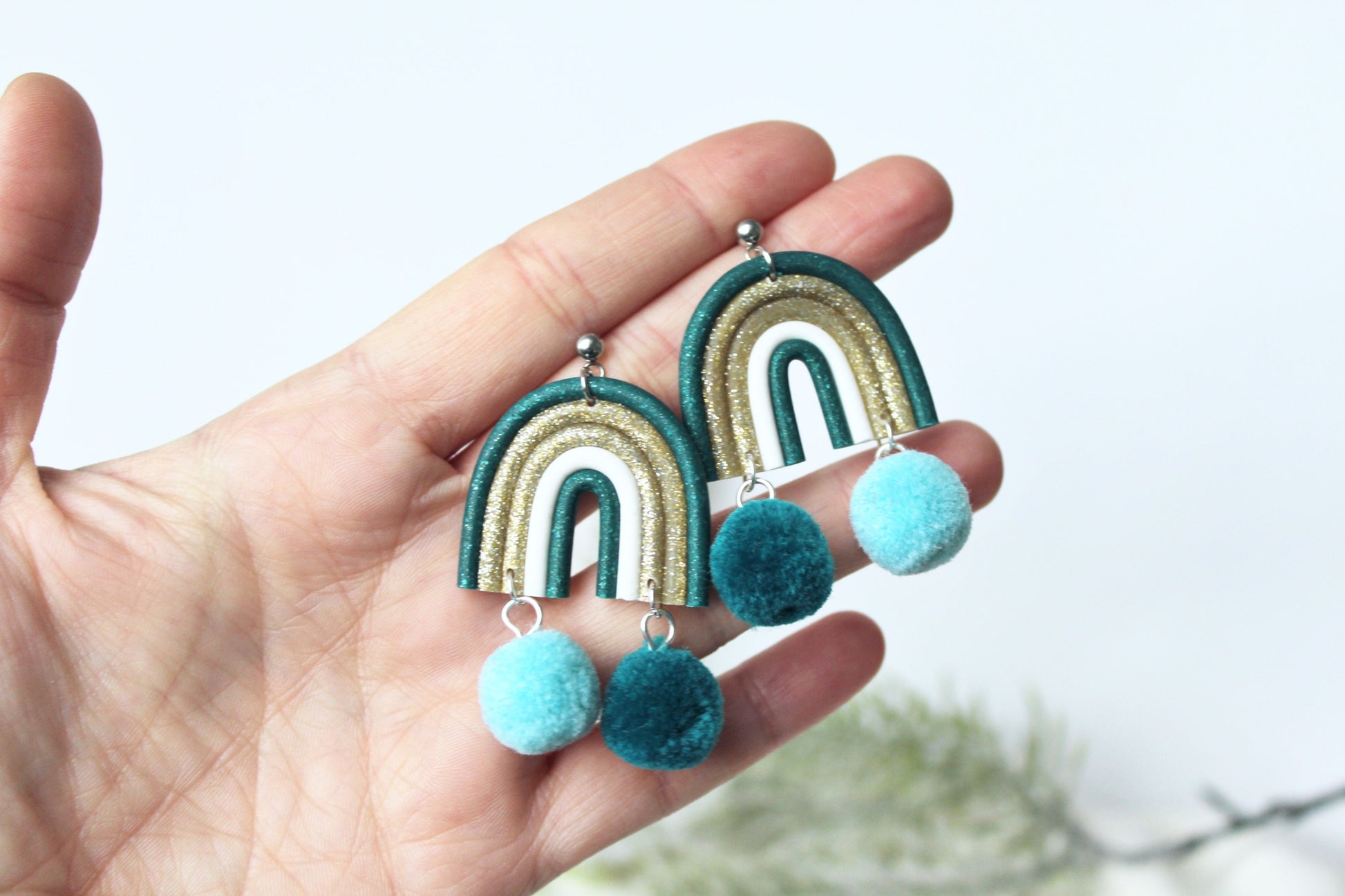 Rainbow Earrings, Christmas Earrings, Dangle Earrings, Pompon Earrings, Polymer Clay Earrings, Holiday Earrings, Handmade, Green, Purple