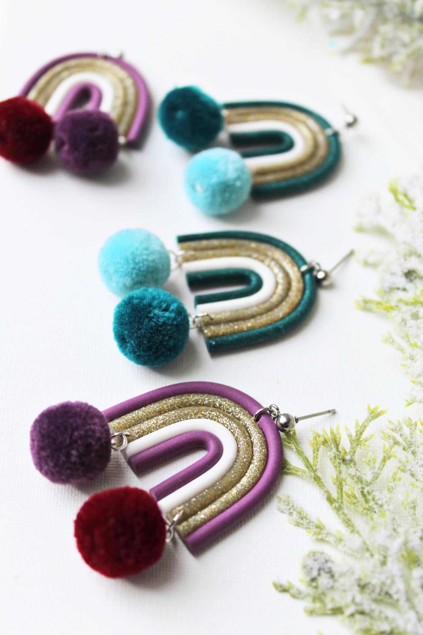 Rainbow Earrings, Christmas Earrings, Dangle Earrings, Pompon Earrings, Polymer Clay Earrings, Holiday Earrings, Handmade, Green, Purple