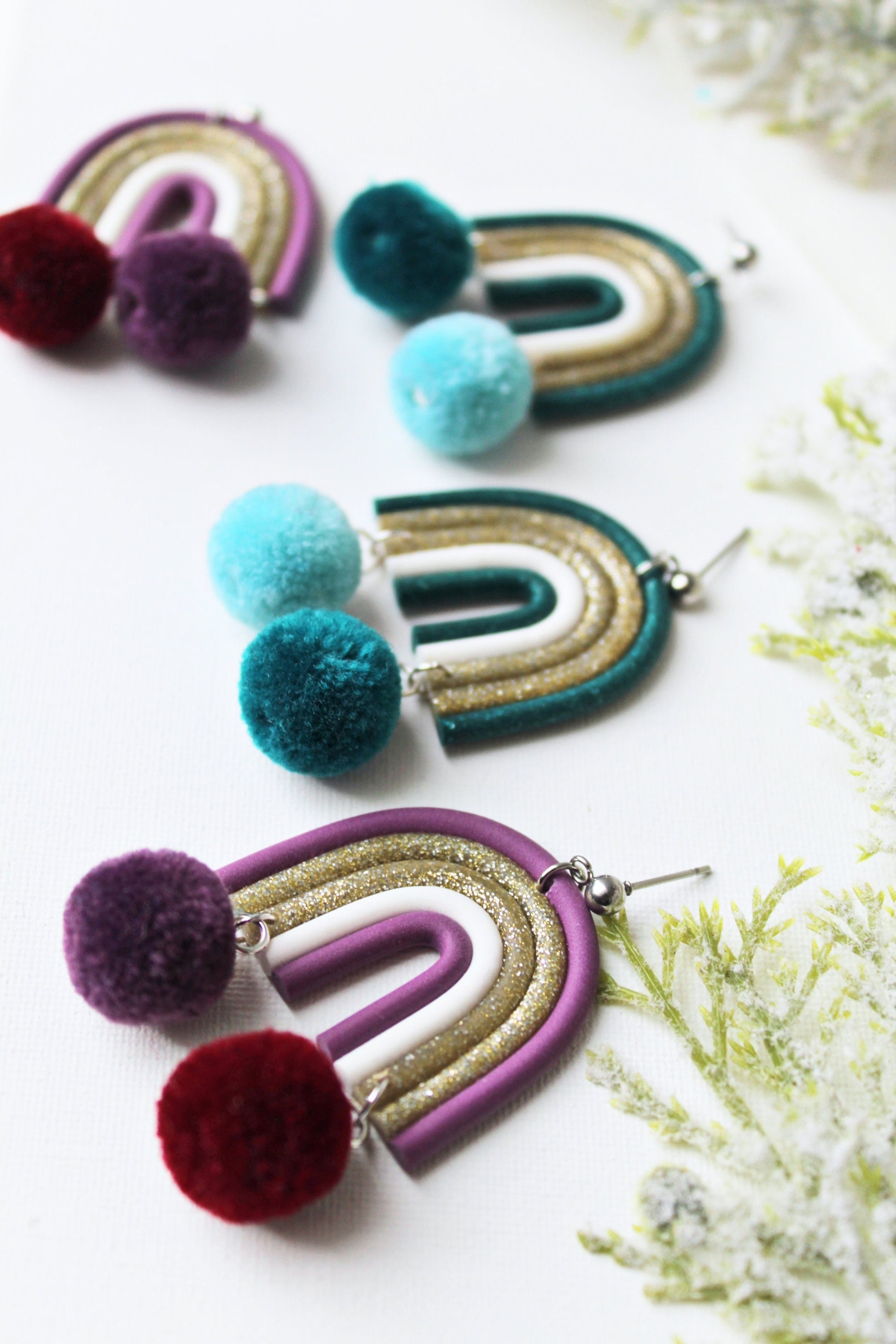 Rainbow Earrings, Christmas Earrings, Dangle Earrings, Pompon Earrings, Polymer Clay Earrings, Holiday Earrings, Handmade, Green, Purple