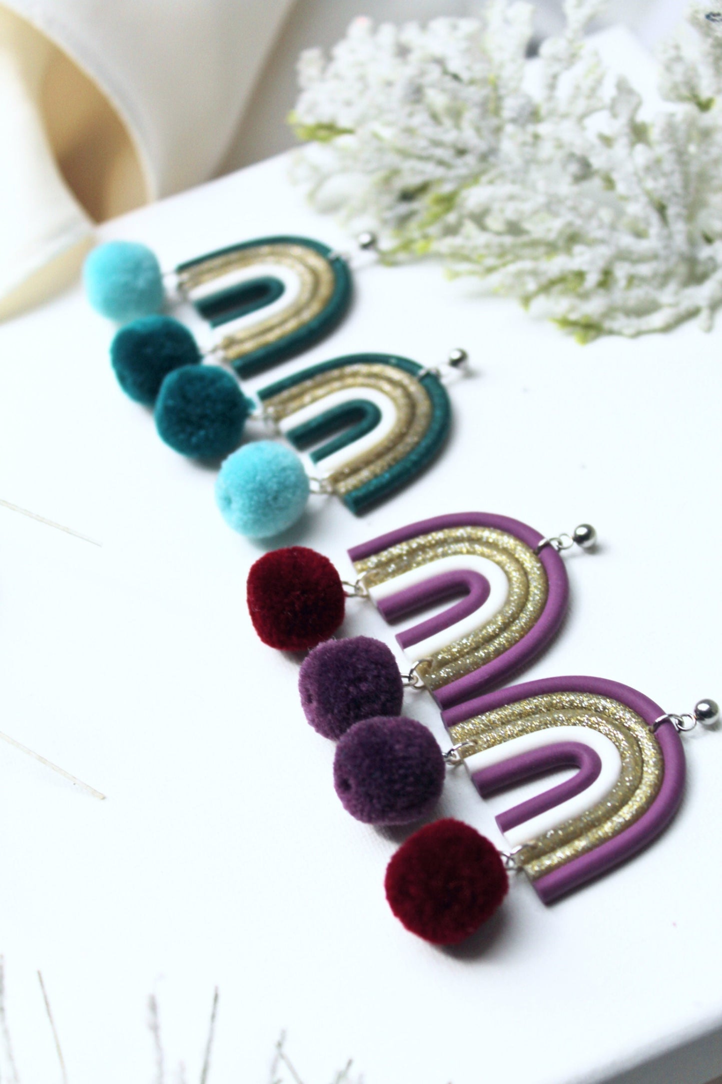 Rainbow Earrings, Christmas Earrings, Dangle Earrings, Pompon Earrings, Polymer Clay Earrings, Holiday Earrings, Handmade, Green, Purple