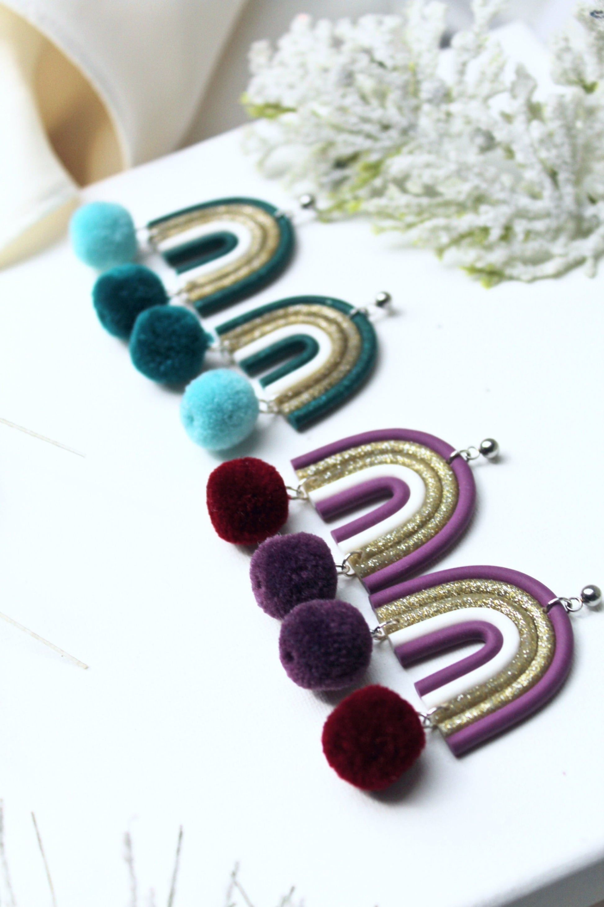 Rainbow Earrings, Christmas Earrings, Dangle Earrings, Pompon Earrings, Polymer Clay Earrings, Holiday Earrings, Handmade, Green, Purple