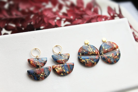 Statement Earrings, Marble Earrings, Blue, Red, Golden, Polymer Clay Earrings, Christmas Party, Elegant Earrings, Clay Earrings, Handmade