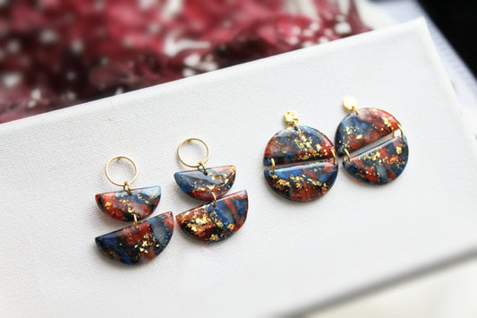 Statement Earrings, Marble Earrings, Blue, Red, Golden, Polymer Clay Earrings, Christmas Party, Elegant Earrings, Clay Earrings, Handmade