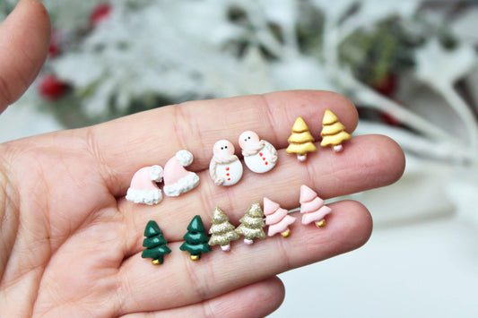 Christmas Tree Earrings, Tiny Stud Earrings, Christmas Stud Earrings, Polymer Clay Earrings, Christmas Earrings, Stud Pack, Snowman, Gift