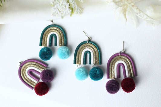 Rainbow Earrings, Christmas Earrings, Dangle Earrings, Pompon Earrings, Polymer Clay Earrings, Holiday Earrings, Handmade, Green, Purple