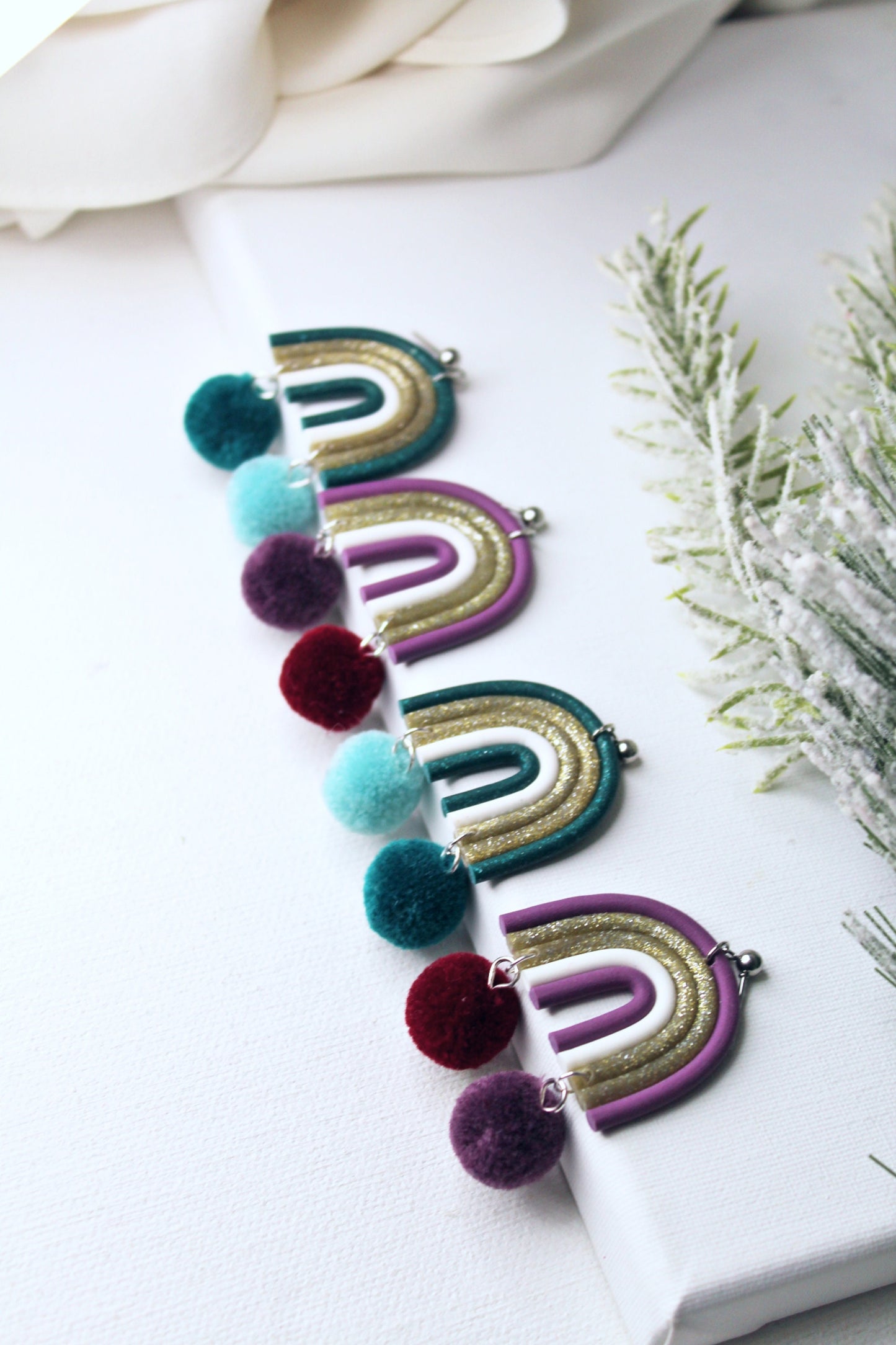 Rainbow Earrings, Christmas Earrings, Dangle Earrings, Pompon Earrings, Polymer Clay Earrings, Holiday Earrings, Handmade, Green, Purple