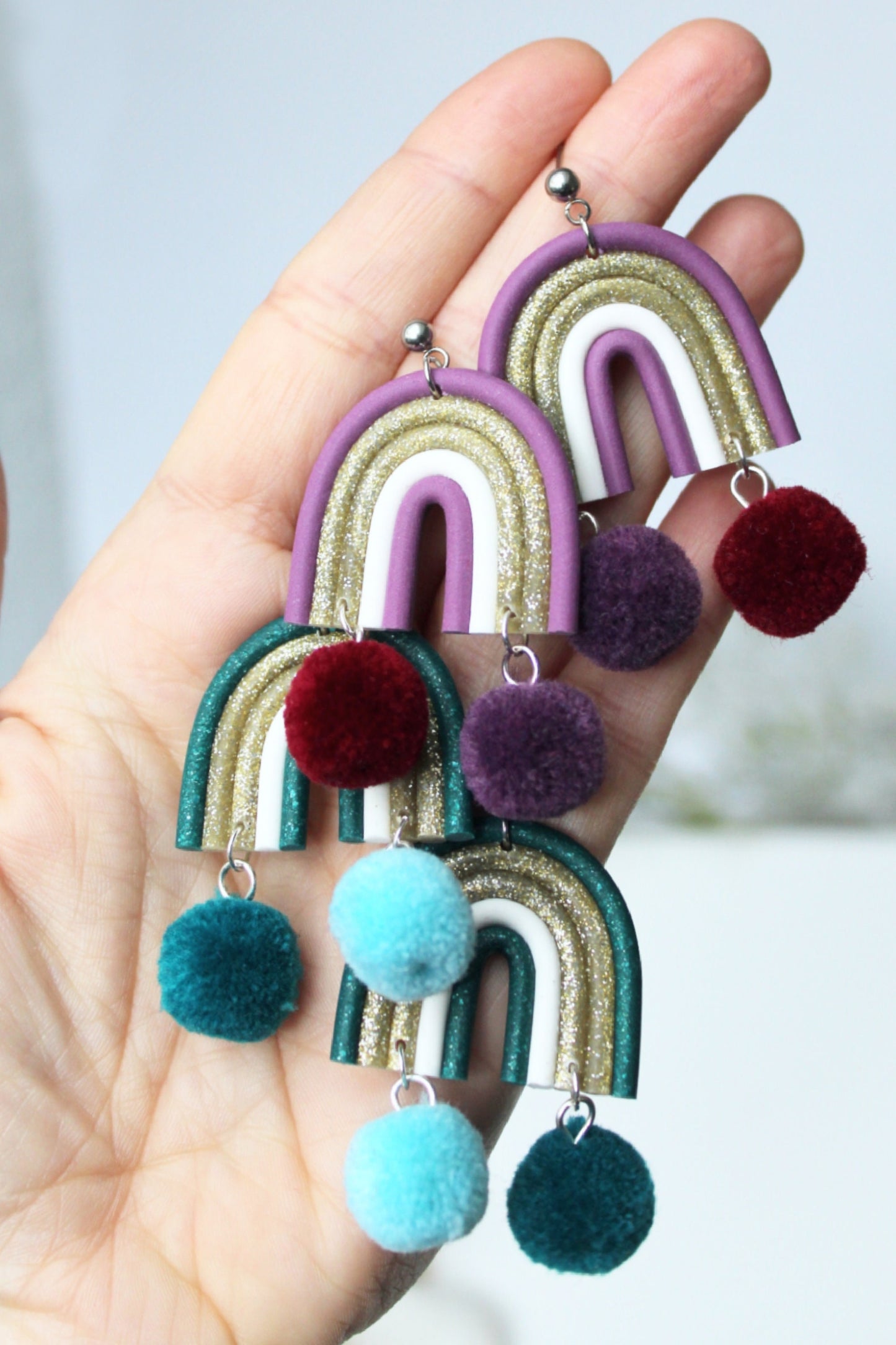 Rainbow Earrings, Christmas Earrings, Dangle Earrings, Pompon Earrings, Polymer Clay Earrings, Holiday Earrings, Handmade, Green, Purple