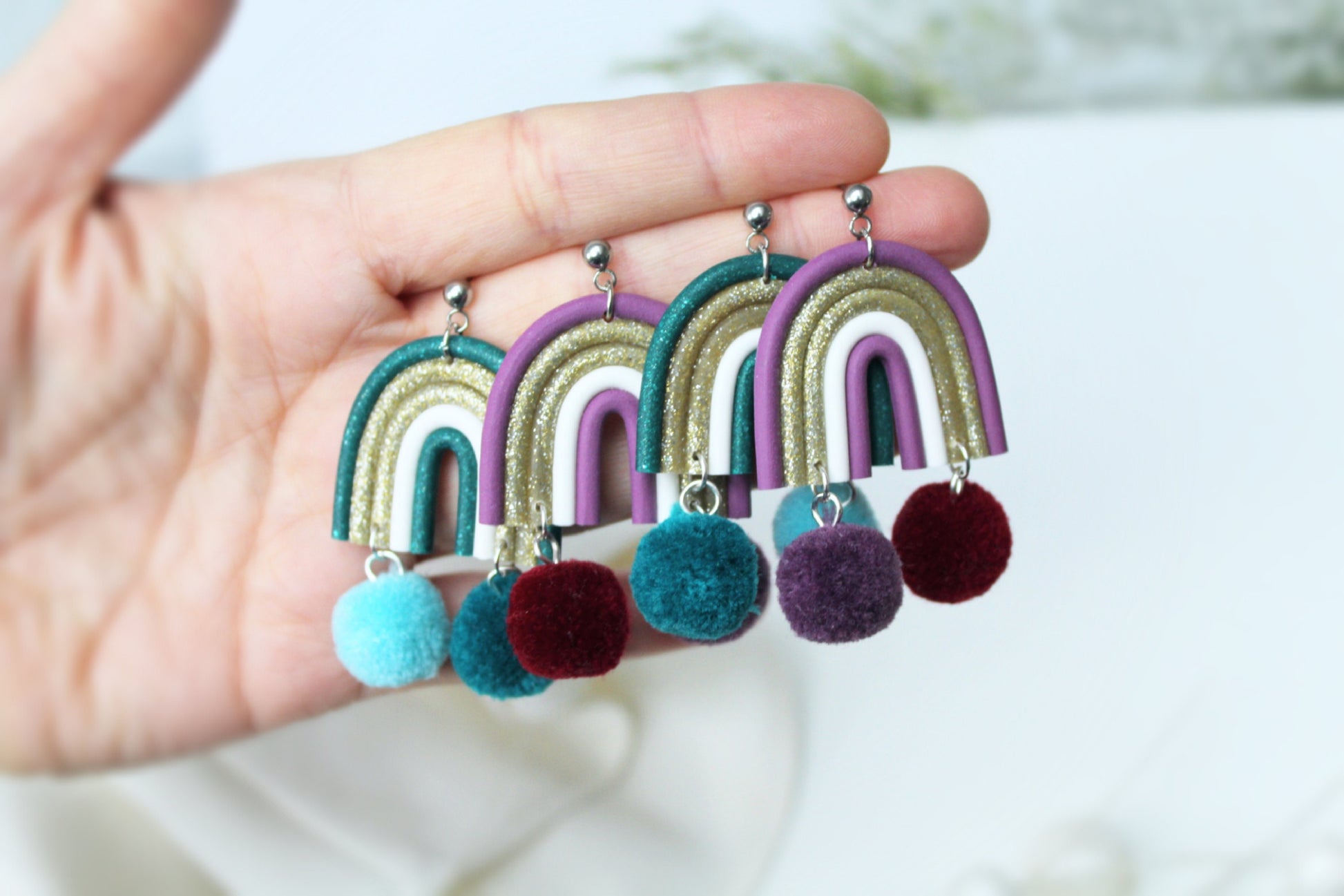 Rainbow Earrings, Christmas Earrings, Dangle Earrings, Pompon Earrings, Polymer Clay Earrings, Holiday Earrings, Handmade, Green, Purple