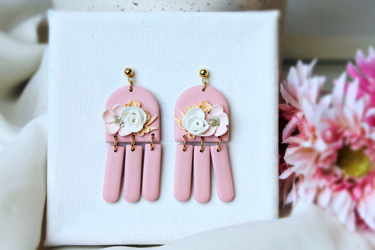 Floral Earrings, Valentines Day Earrings, Flower Earrings, Pink, Wedding Earrings, Polymer Clay Earrings, Earrings Dangle, Spring,Handmade