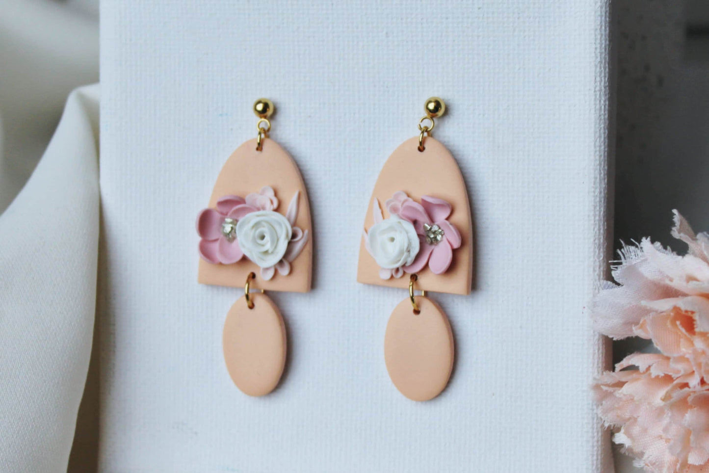 Peach Earrings, Flower Earrings, Polymer Clay Earrings, Spring Earrings, Clay Earrings, Floral, Bridal, Statement Earrings, Elegant,Handmade