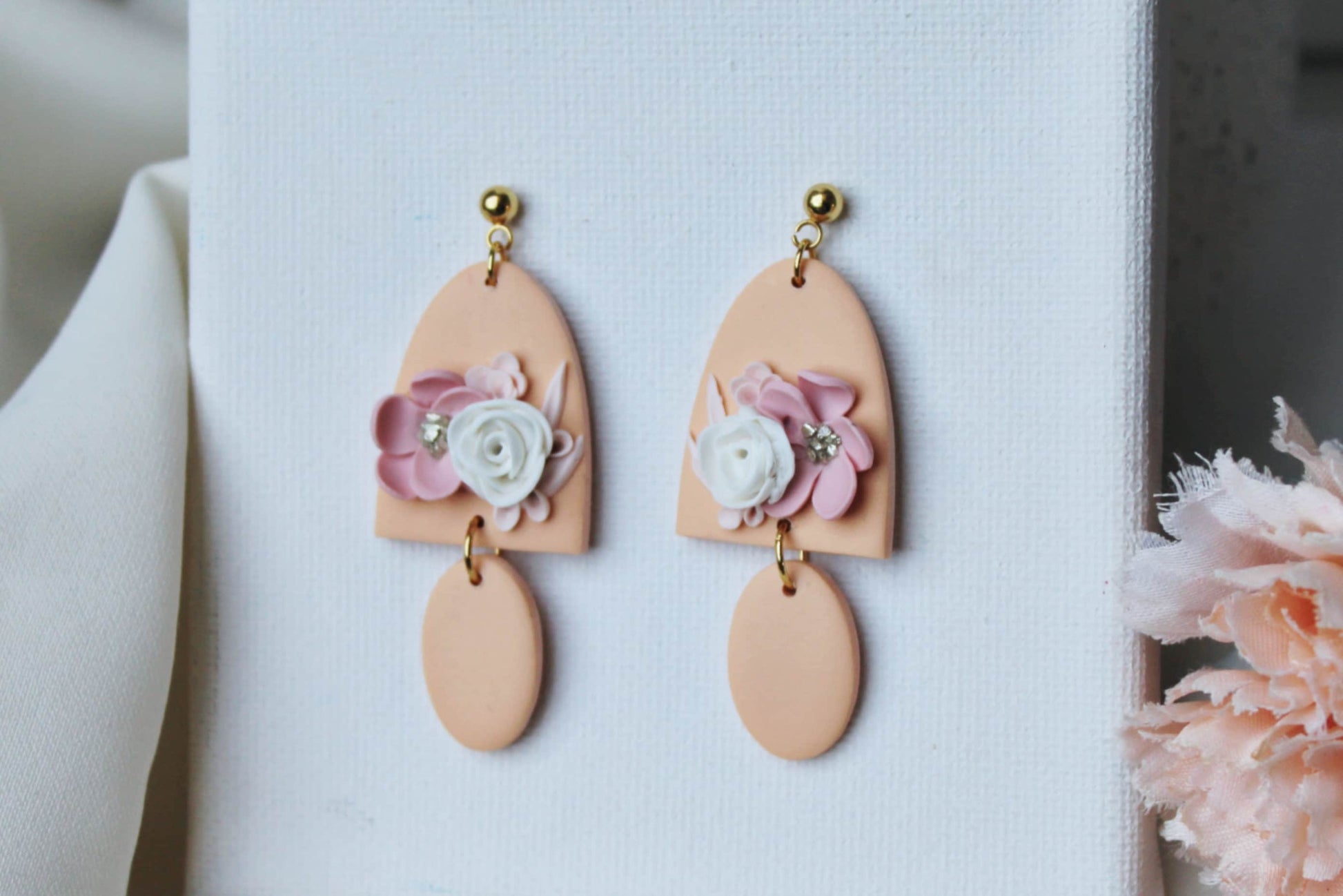 Peach Earrings, Flower Earrings, Polymer Clay Earrings, Spring Earrings, Clay Earrings, Floral, Bridal, Statement Earrings, Elegant,Handmade