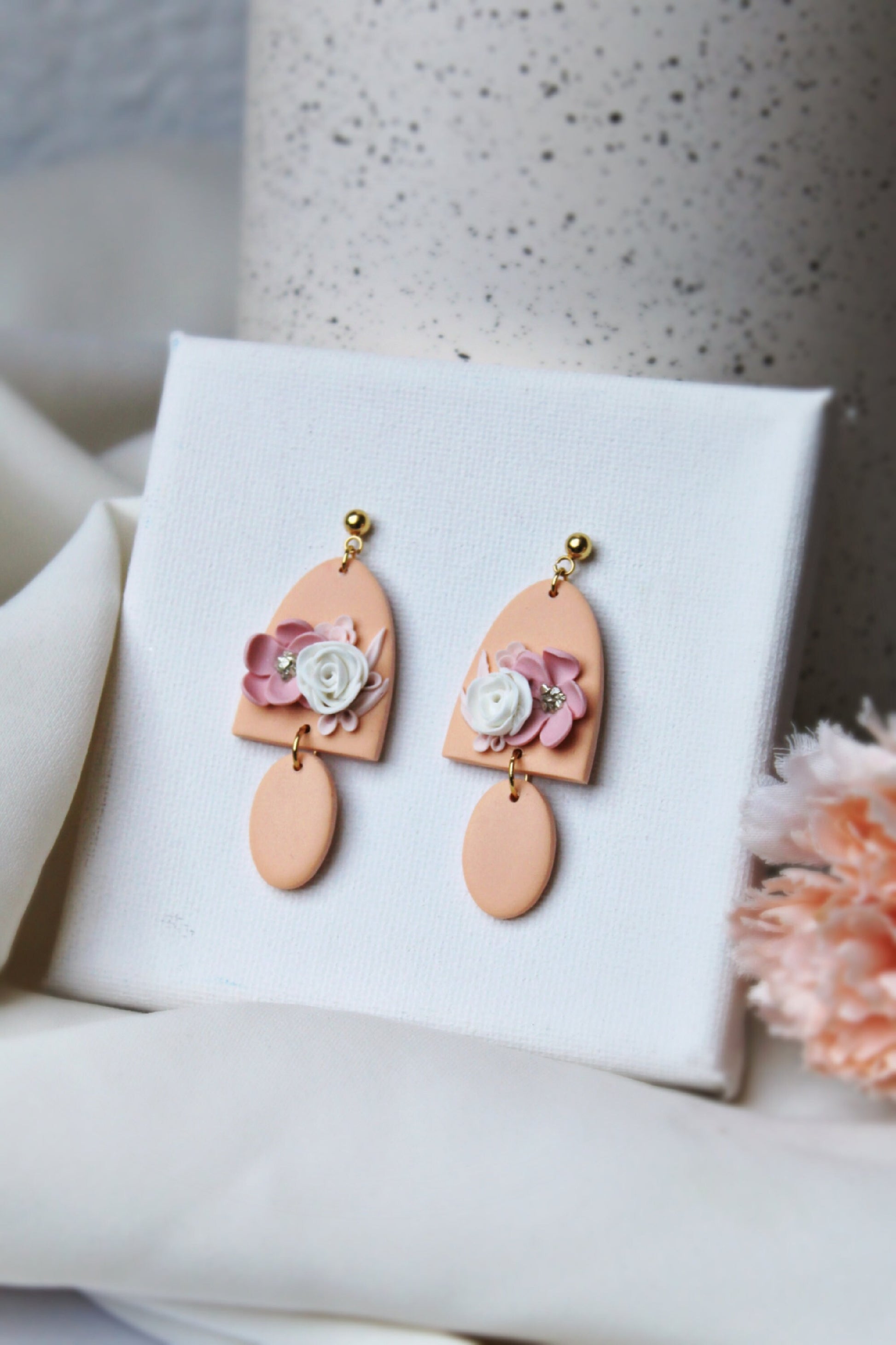 Peach Earrings, Flower Earrings, Polymer Clay Earrings, Spring Earrings, Clay Earrings, Floral, Bridal, Statement Earrings, Elegant,Handmade