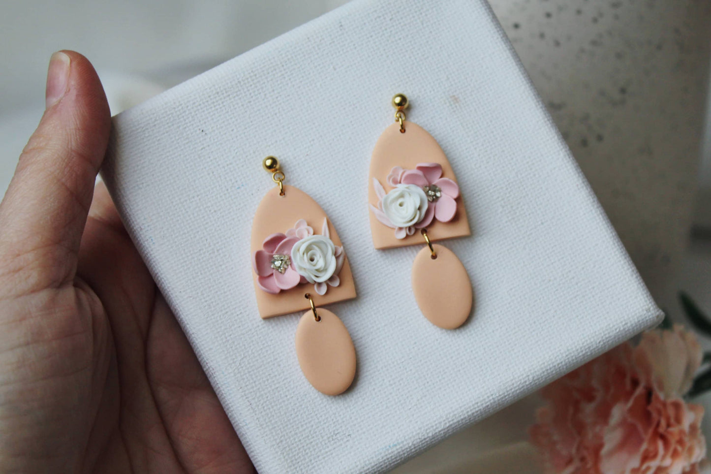 Peach Earrings, Flower Earrings, Polymer Clay Earrings, Spring Earrings, Clay Earrings, Floral, Bridal, Statement Earrings, Elegant,Handmade