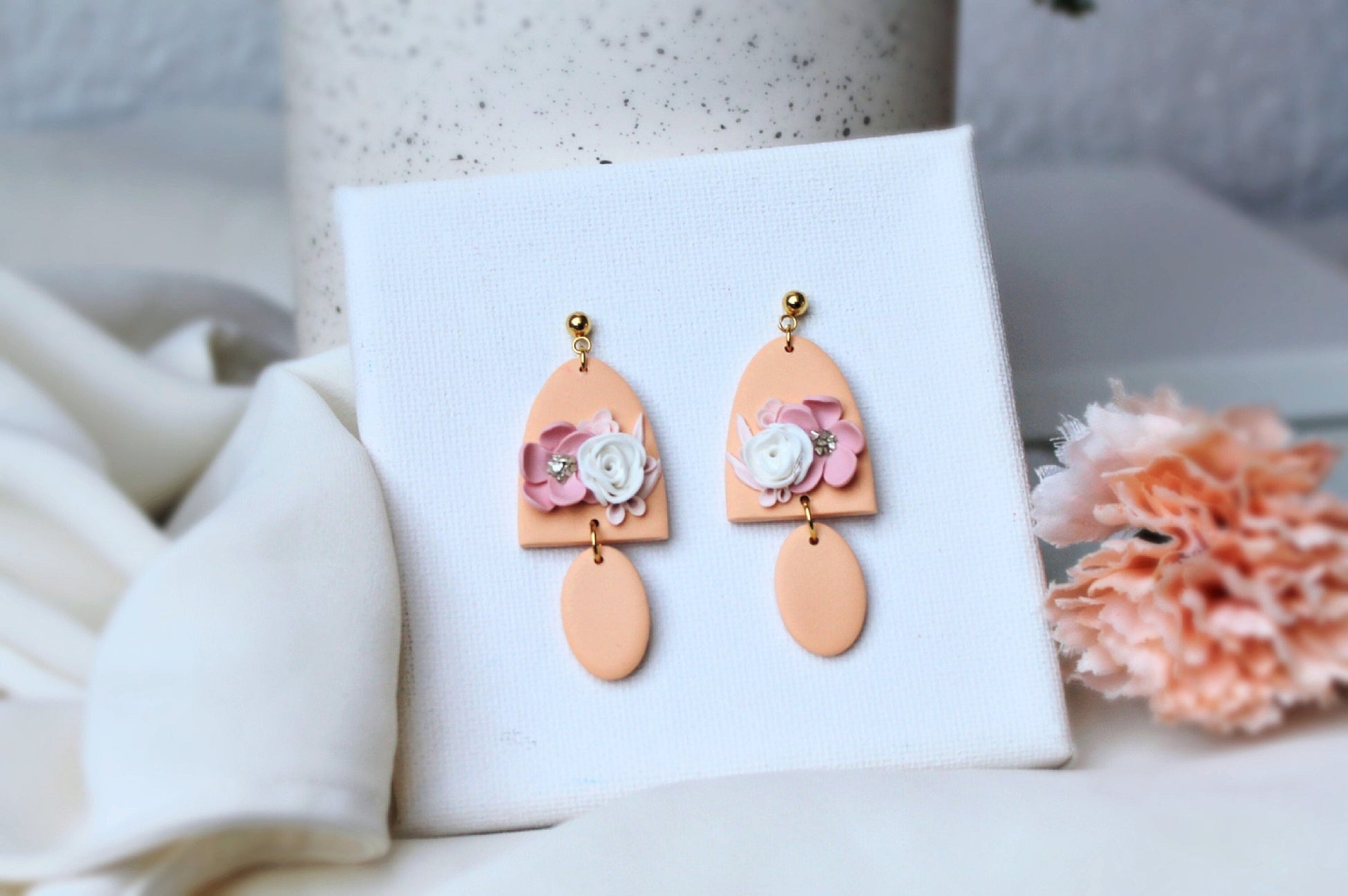 Peach Earrings, Flower Earrings, Polymer Clay Earrings, Spring Earrings, Clay Earrings, Floral, Bridal, Statement Earrings, Elegant,Handmade