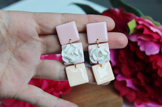 Clay Earrings, Floral Earrings, Spring Earrings, Dangle Earrings, Polymer Clay Earrings, Flower, Square Earrings,Statement Earrings,Handmade