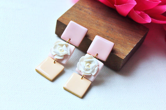 Clay Earrings, Floral Earrings, Spring Earrings, Dangle Earrings, Polymer Clay Earrings, Flower, Square Earrings,Statement Earrings,Handmade
