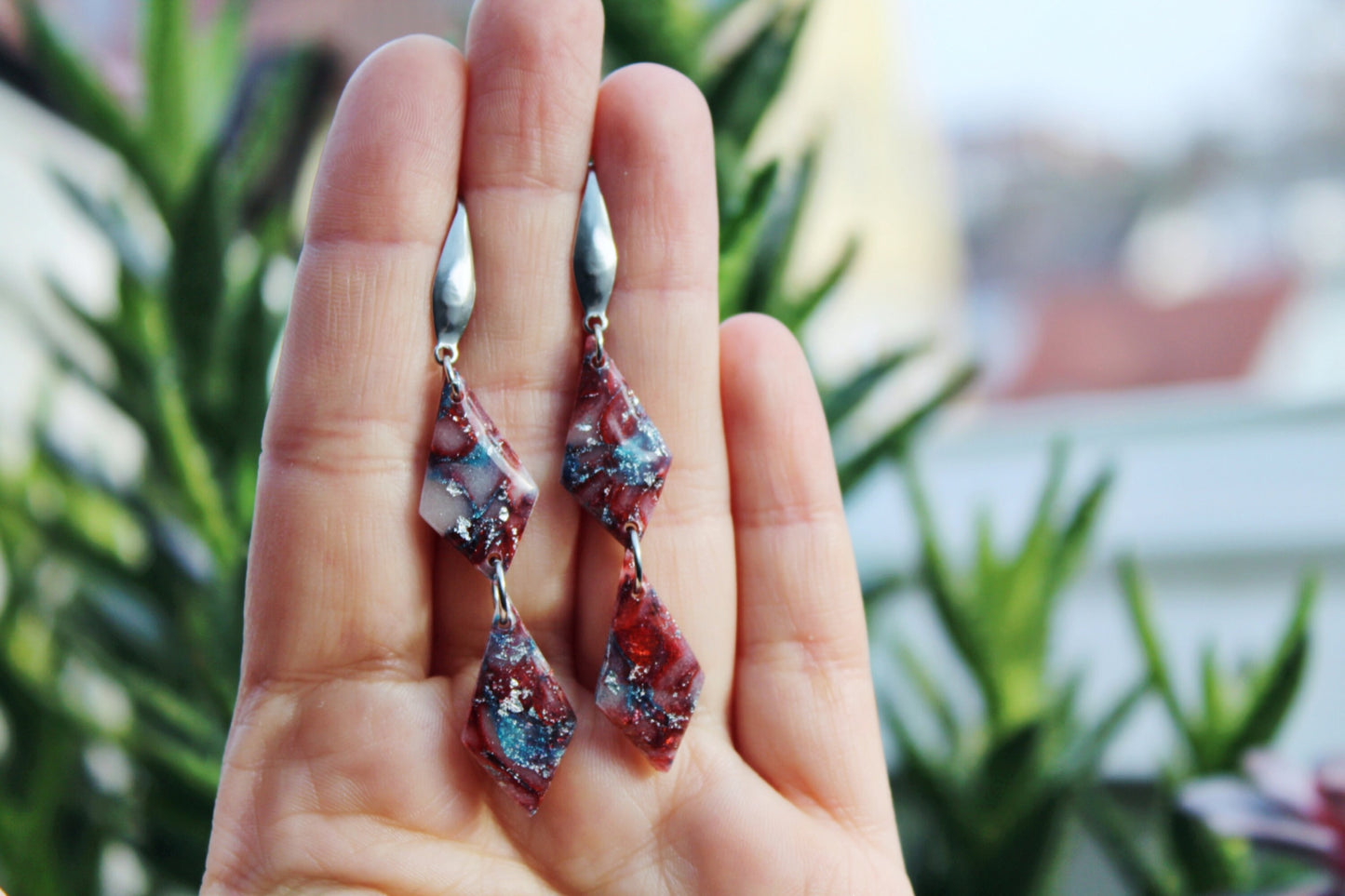 Geometric Earrings, Elegant Earrings, Earrings, Clay Earrings, Blue, Burgundy, Polymer Clay Earrings, Aesthetic, Silver,Unique Earrings,Gift