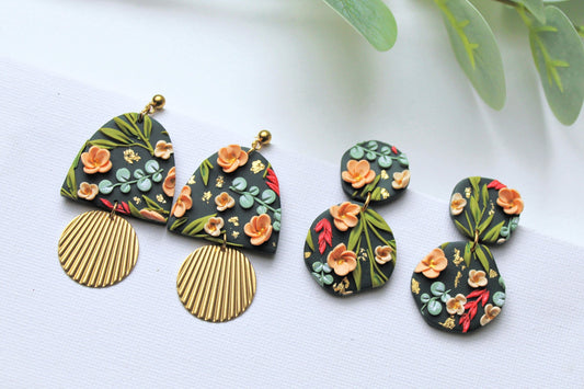 Handmade Earrings, Green Earrings, Flower Earrings, Statement Earrings, Clay Earrings, Floral Dangle Earrings, Spring Earrings, Floral, Gift