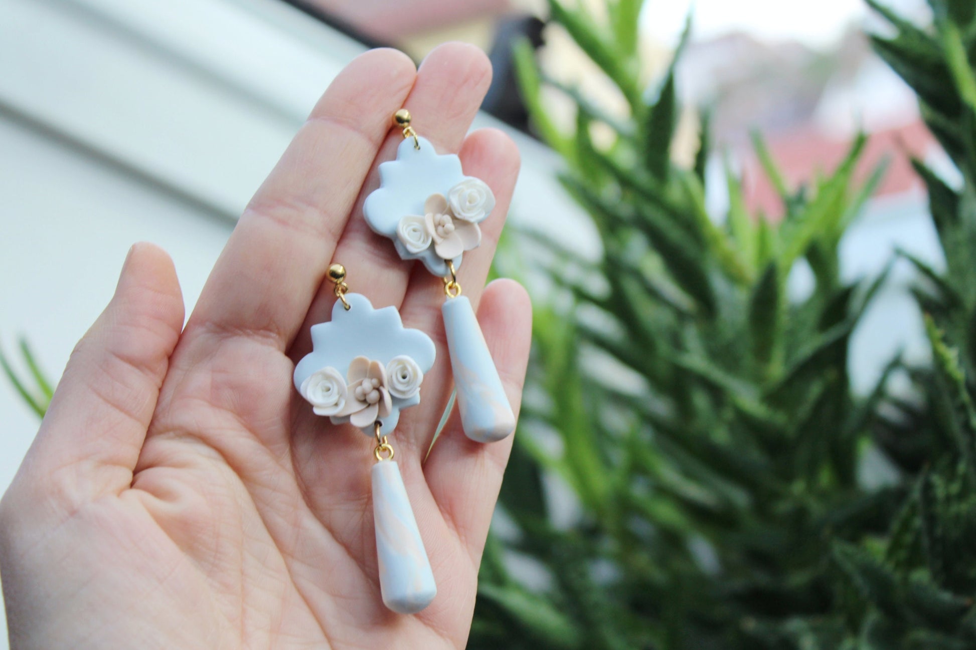 Dangle Earrings, Floral Spring Earrings, Flower Earrings, Polymer Clay Earrings, Statement Earrings, Blue, Beige, Handmade Earrings, Gift