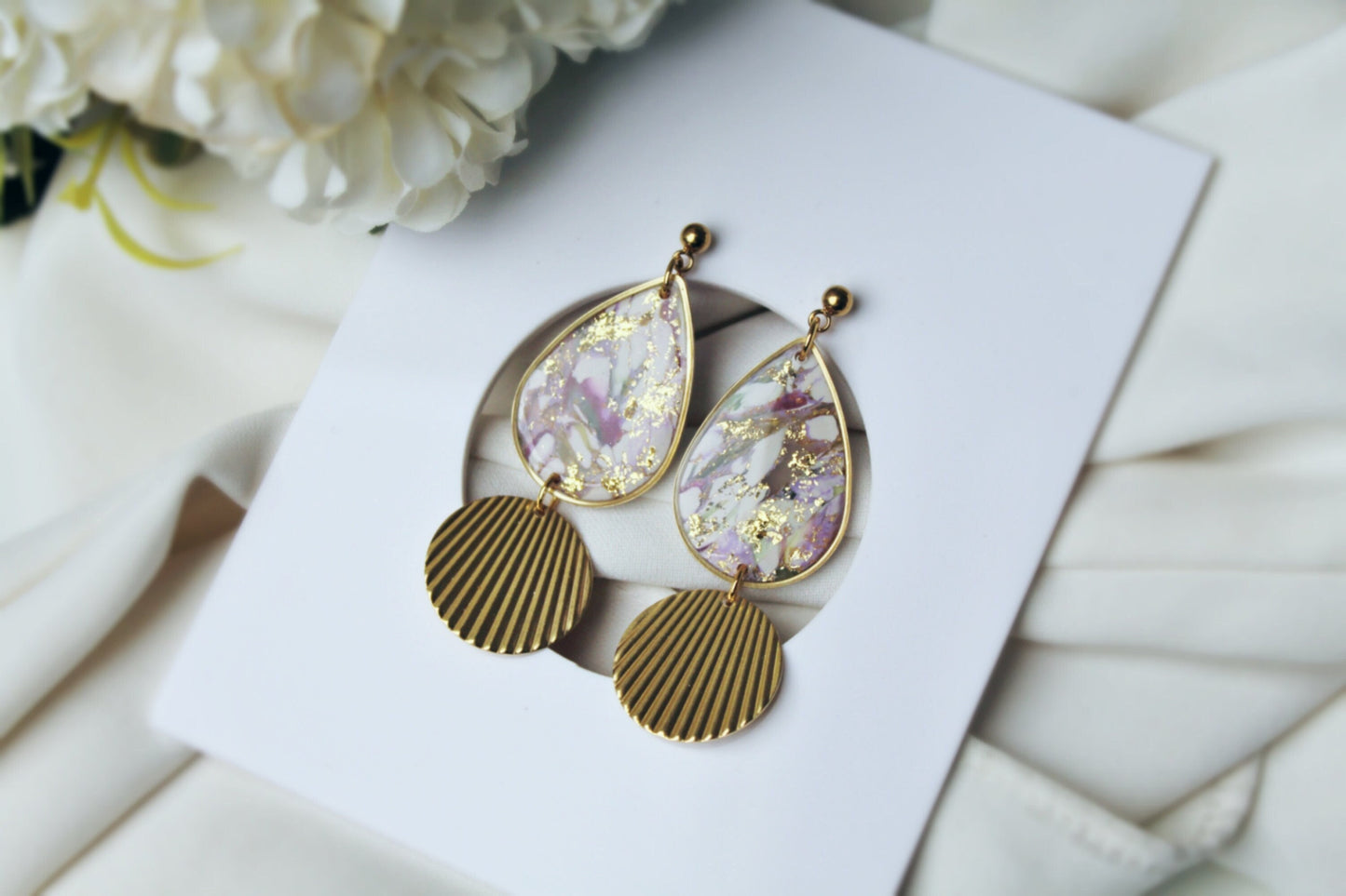 Teardrop Earrings, Statement Earrings, Marble Earrings, White, Purple, Polymer Clay Earrings, Elegant Earrings, Clay Earrings, Handmade