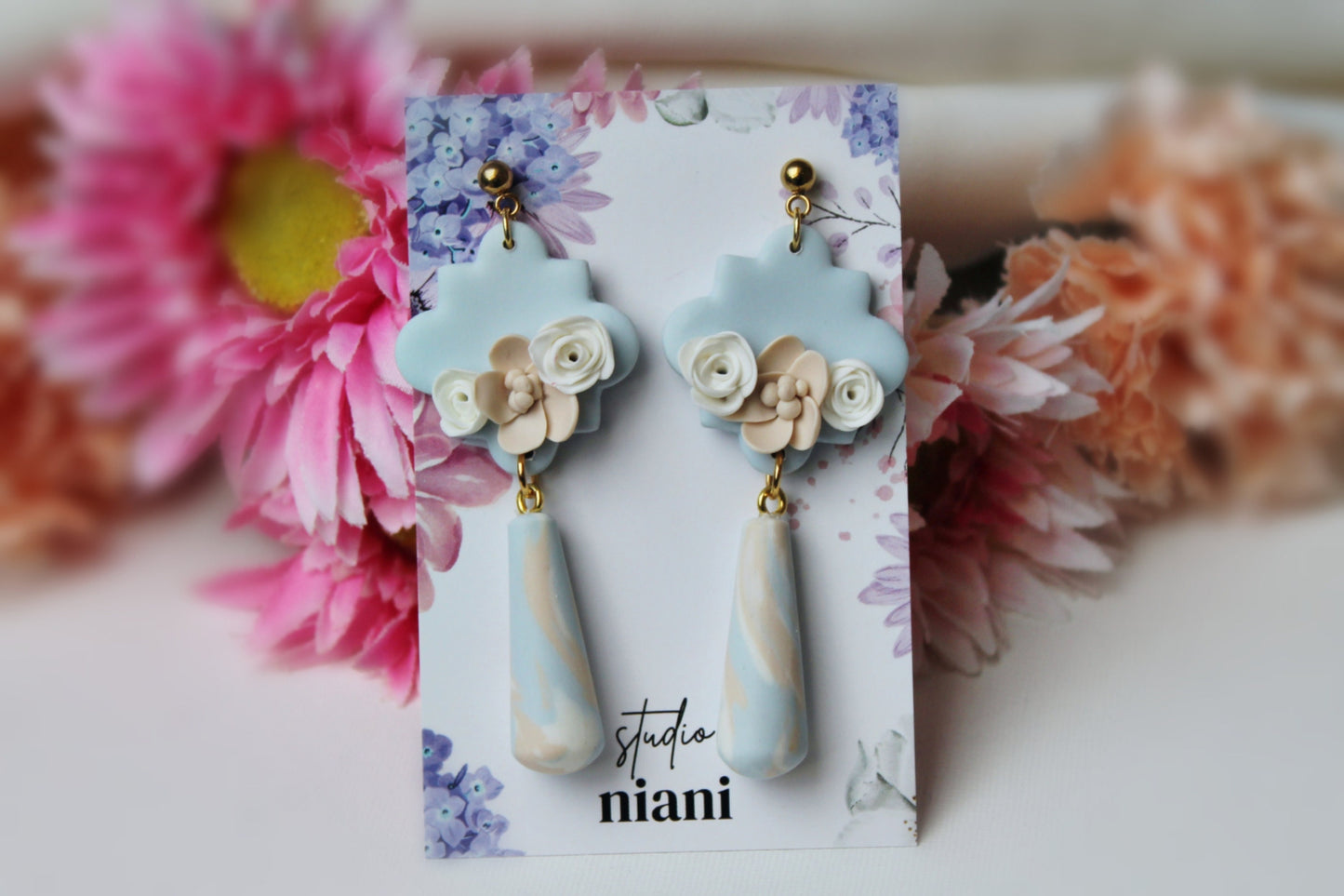 Dangle Earrings, Floral Spring Earrings, Flower Earrings, Polymer Clay Earrings, Statement Earrings, Blue, Beige, Handmade Earrings, Gift