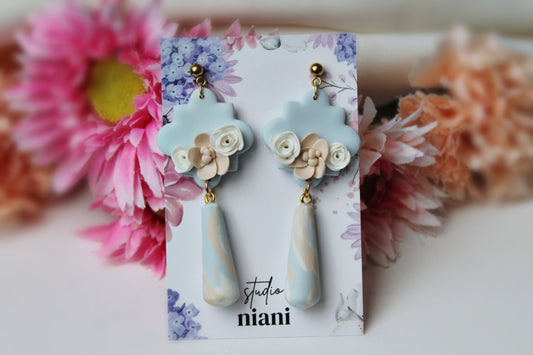 Dangle Earrings, Floral Spring Earrings, Flower Earrings, Polymer Clay Earrings, Statement Earrings, Blue, Beige, Handmade Earrings, Gift