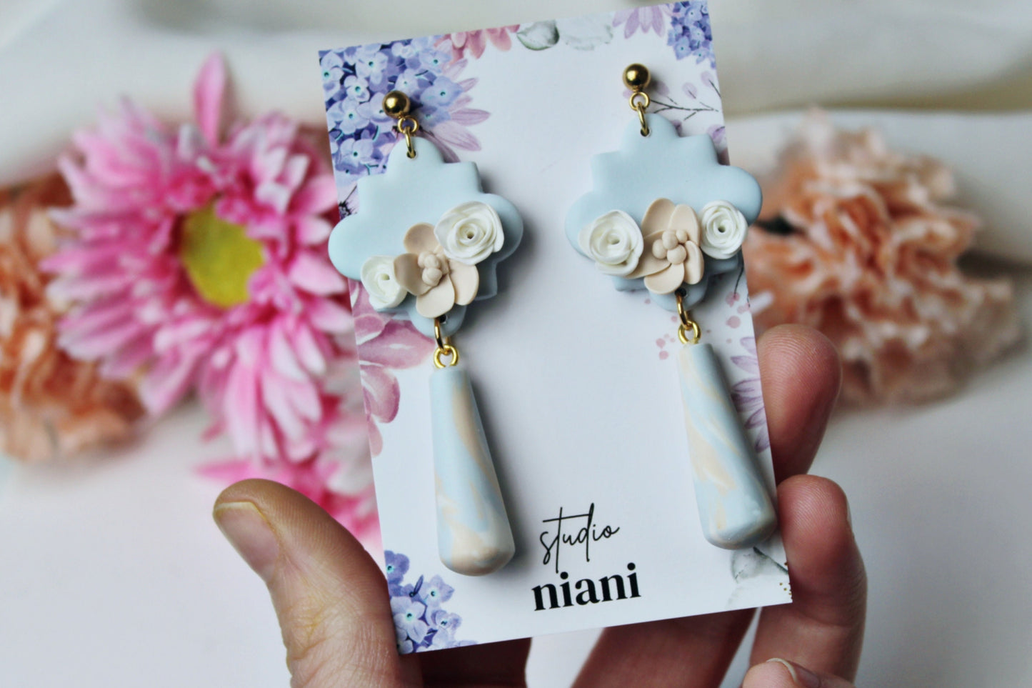 Dangle Earrings, Floral Spring Earrings, Flower Earrings, Polymer Clay Earrings, Statement Earrings, Blue, Beige, Handmade Earrings, Gift