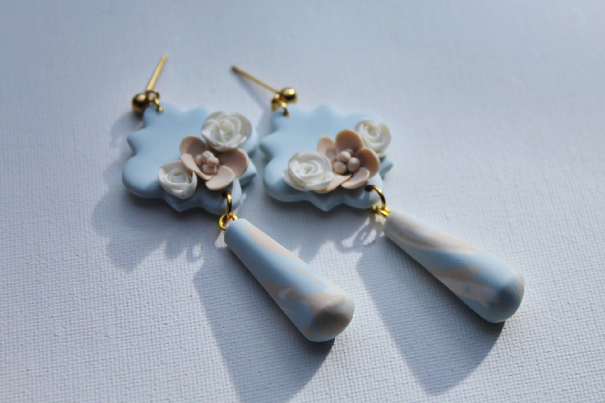 Dangle Earrings, Floral Spring Earrings, Flower Earrings, Polymer Clay Earrings, Statement Earrings, Blue, Beige, Handmade Earrings, Gift