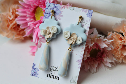 Dangle Earrings, Floral Spring Earrings, Flower Earrings, Polymer Clay Earrings, Statement Earrings, Blue, Beige, Handmade Earrings, Gift