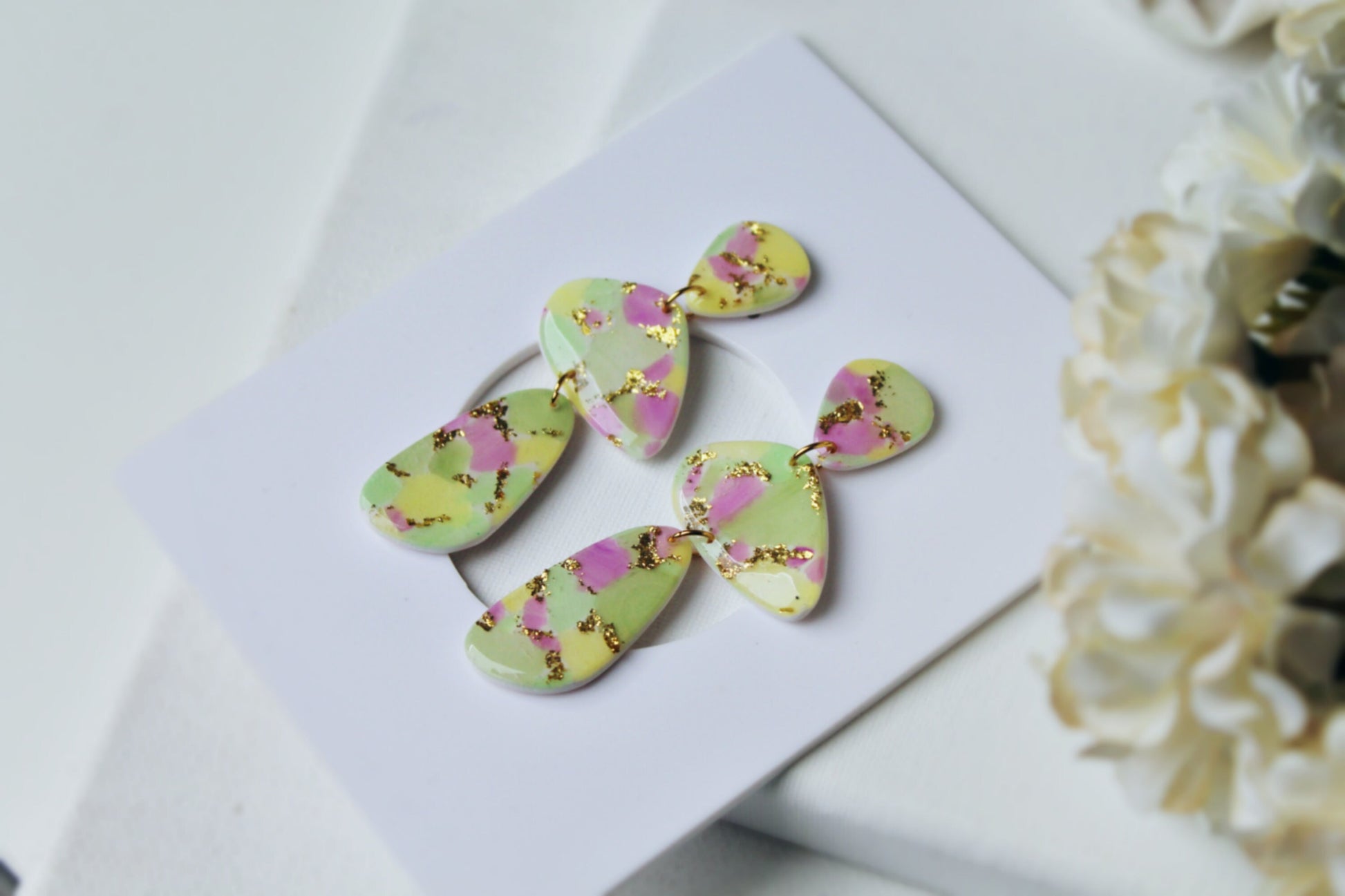 Terrazzo Earrings, Spring Earrings, Polymer Clay Earrings, Stone Earrings, Clay Earrings, Cute Earrings, Handmade Earrings, Gift,White,Green