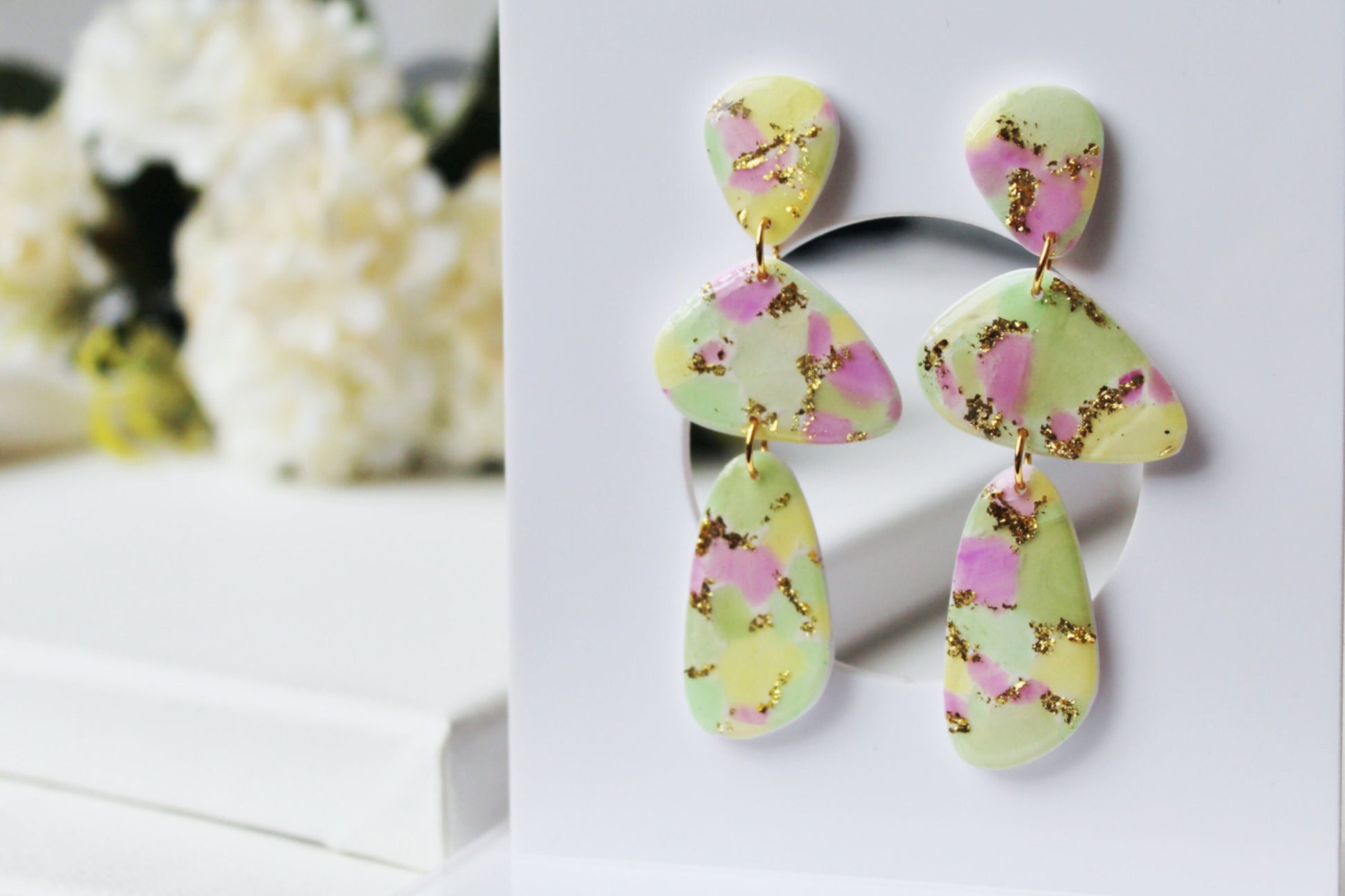 Terrazzo Earrings, Spring Earrings, Polymer Clay Earrings, Stone Earrings, Clay Earrings, Cute Earrings, Handmade Earrings, Gift,White,Green