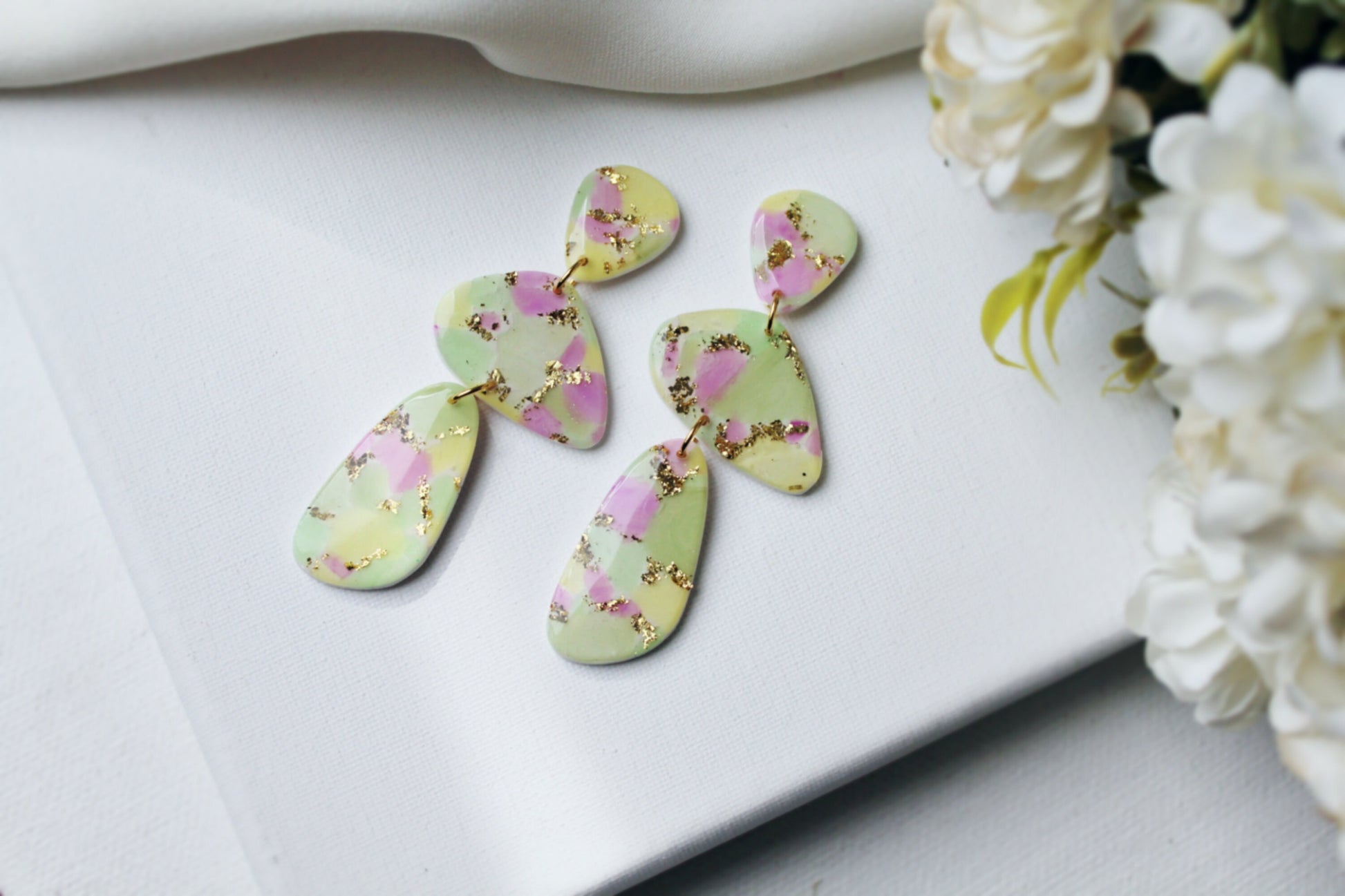 Terrazzo Earrings, Spring Earrings, Polymer Clay Earrings, Stone Earrings, Clay Earrings, Cute Earrings, Handmade Earrings, Gift,White,Green
