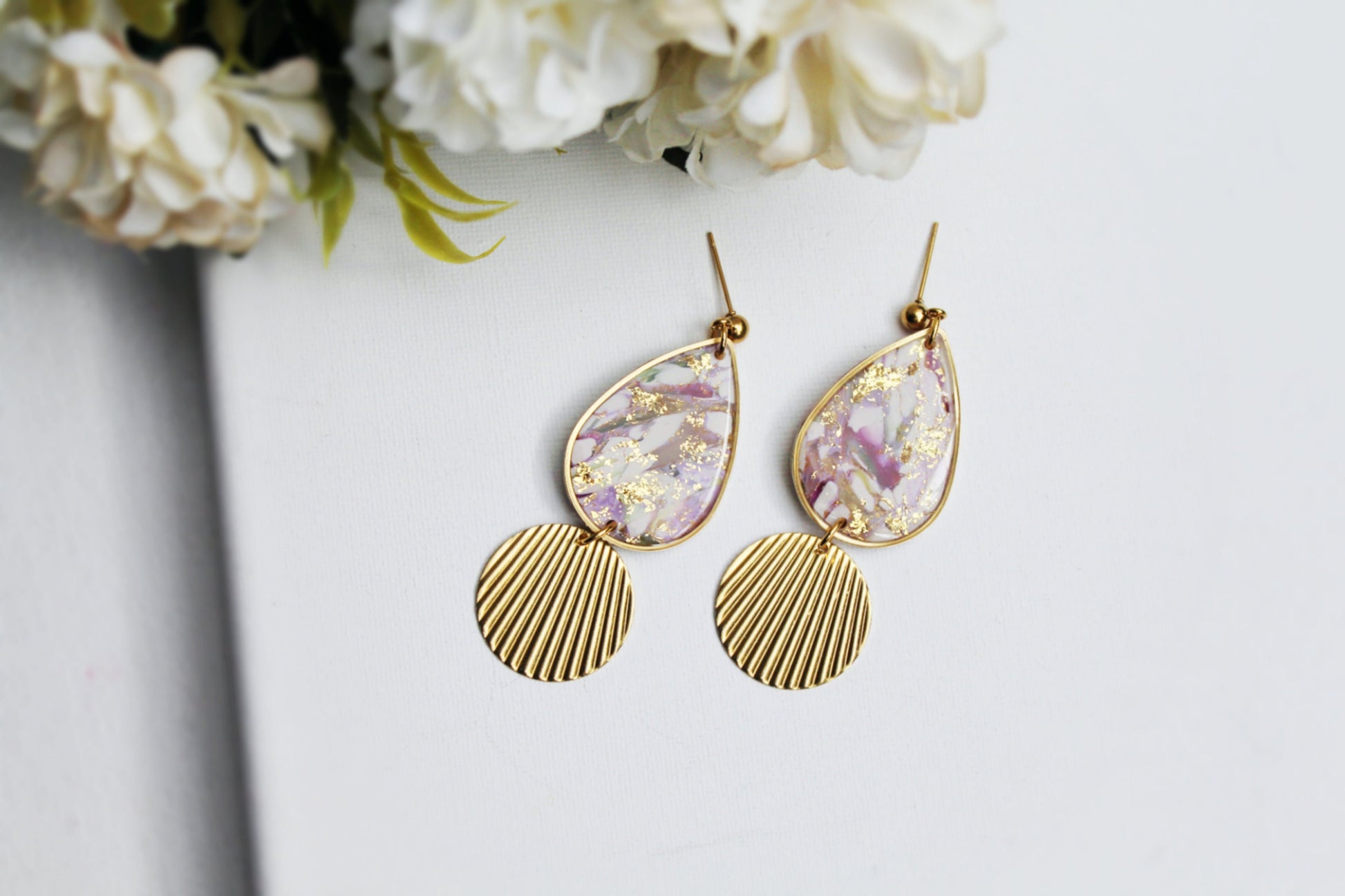 Teardrop Earrings, Statement Earrings, Marble Earrings, White, Purple, Polymer Clay Earrings, Elegant Earrings, Clay Earrings, Handmade