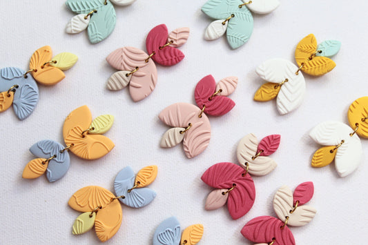 Leaf Dangle Earring, Polymer Clay Earrings, Pastel, Spring, Summer, Textured - Studio Niani