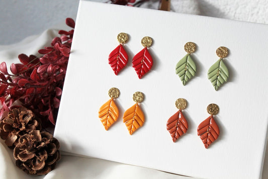 Leaf Earrings, Autumn Earrings, Polymer Clay Earrings with Stainless Steel Studs