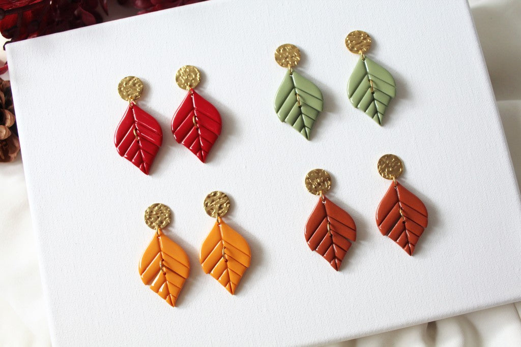 Leaf Earrings, Autumn Earrings, Polymer Clay Earrings with Stainless Steel Studs