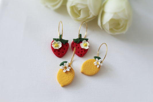 Lemon and Strawberry Hoops, Polymer Clay Earrings, Spring Summer Earrings, 18K gold plated - Studio Niani
