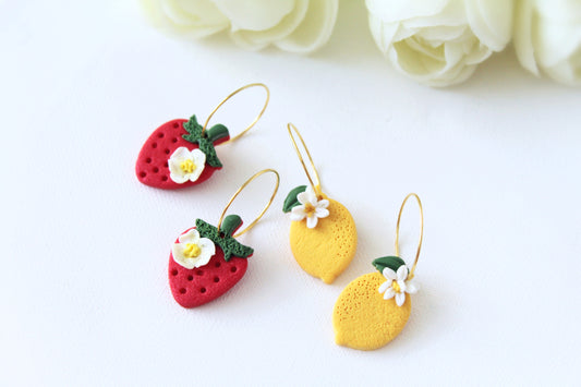 Lemon and Strawberry Hoops, Polymer Clay Earrings, Spring Summer Earrings, 18K gold plated - Studio Niani
