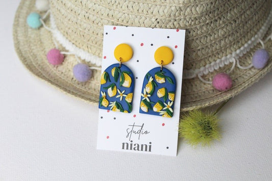 Lemon Earrings, Yellow and Navy Blue Handmade Earrings, Polymer Clay Earrings - Studio Niani