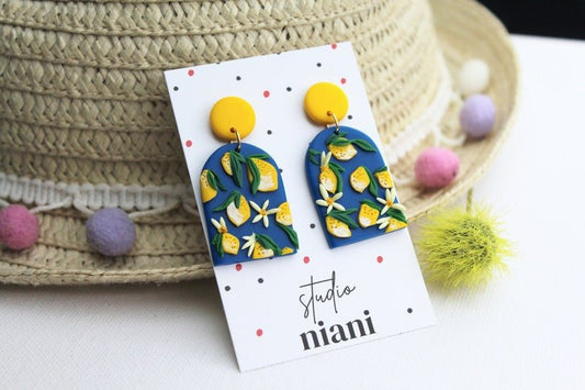 Lemon Earrings, Yellow and Navy Blue Handmade Earrings, Polymer Clay Earrings - Studio Niani