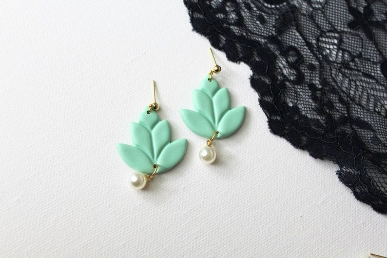 Lotus Earrings, Floral Earrings, Polymer Clay Earrings with Pearls, Pastel - Studio Niani