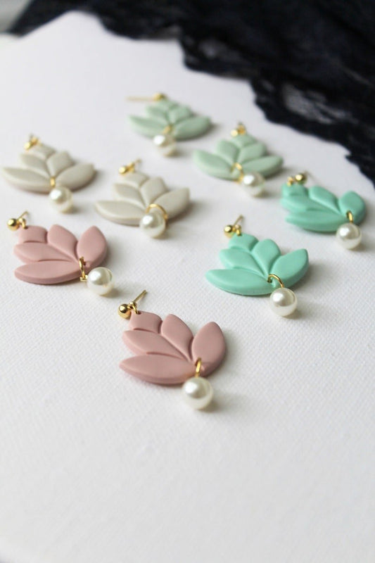 Lotus Earrings, Floral Earrings, Polymer Clay Earrings with Pearls, Pastel - Studio Niani