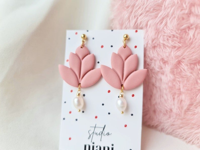 Lotus Flower Earrings, Polymer Clay Earrings with Natural Pearl