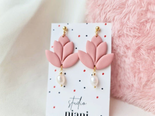 Lotus Flower Earrings, Polymer Clay Earrings with Natural Pearl, Dusty Pink - Studio Niani