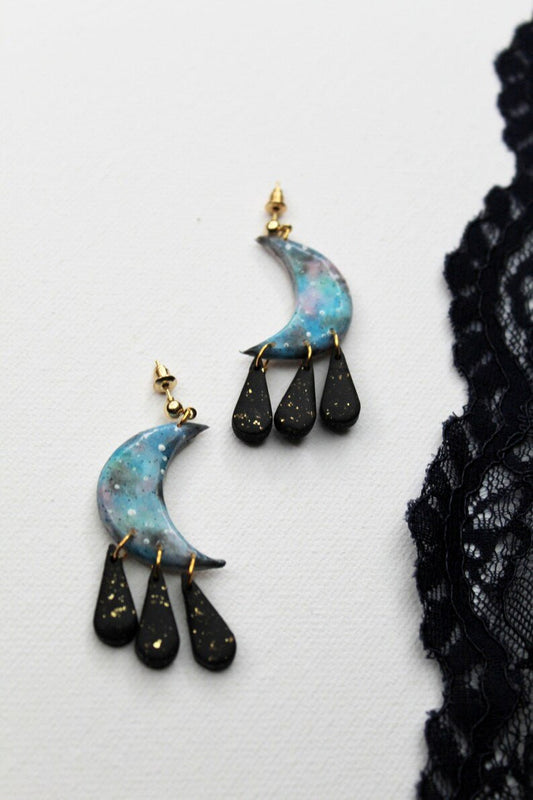 Moon and Galaxy Earrings, Hand Painted Crescent Earrings, Polymer Clay Earrings, 18 K gold plated studs - Studio Niani