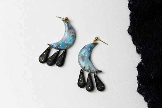 Moon and Galaxy Earrings, Hand Painted Crescent Earrings, Polymer Clay Earrings, 18 K gold plated studs - Studio Niani