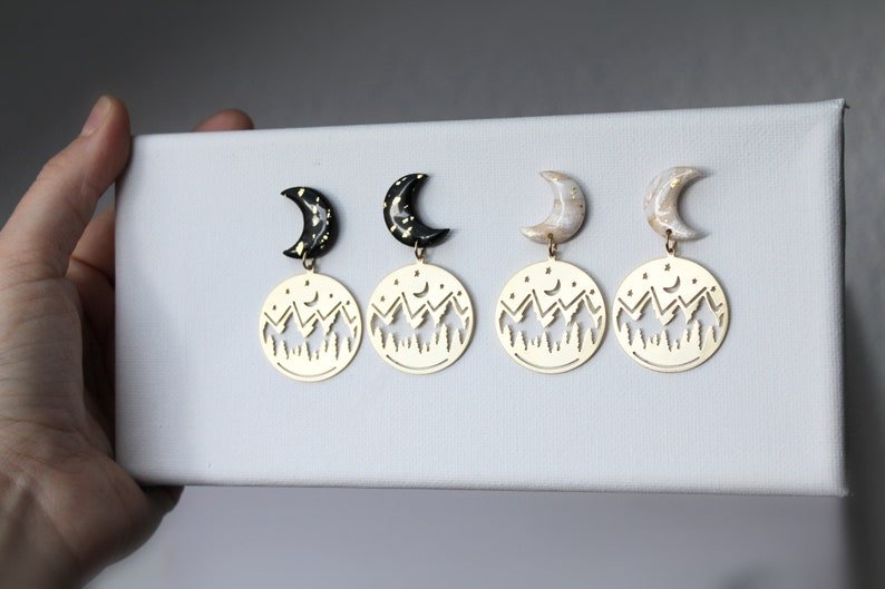 Moon Polymer Clay Earrings, Winter Wonderland Brass Pendant - Studio Niani