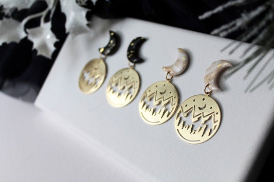 Moon Polymer Clay Earrings, Winter Wonderland Brass Pendant - Studio Niani