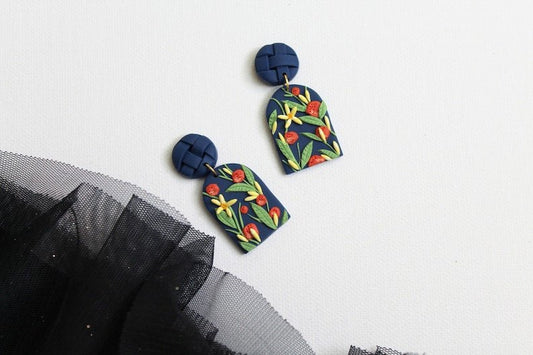 Navy Blue Earrings, Orange Earrings, Polymer Clay Earrings - Studio Niani